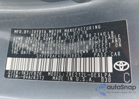 2020 Toyota Corolla Le из США, поврежденный, VIN 5YFEPRAE4LP038857